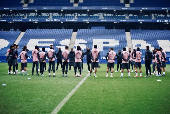 Vicente Moreno da instrucciones a los jugadores del Espanyol sobre el césped del RCDE Stadium (Fot