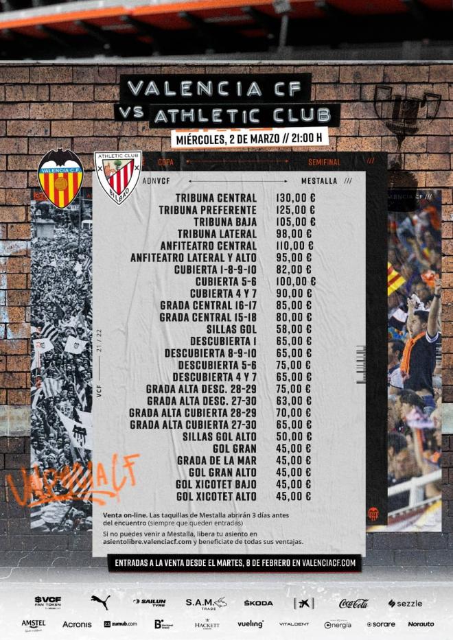 El precio de las entradas del Valencia CF - Athetic Club.