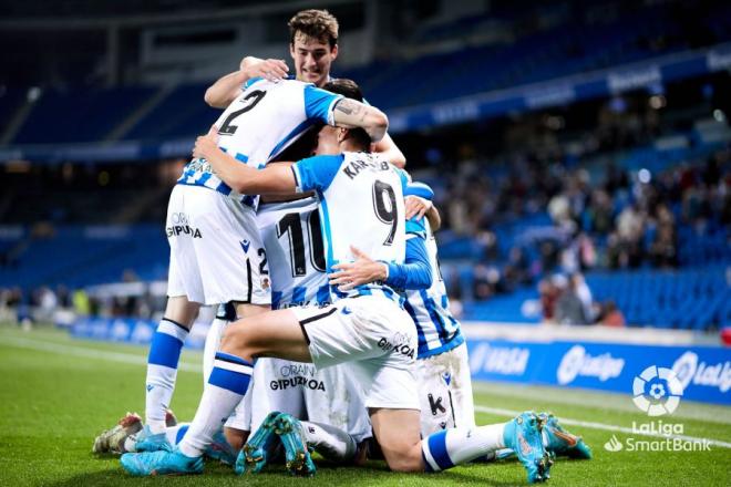 Los jugadores del Sanse celebran un gol esta temporada ante el Málaga (Foto: LaLiga).