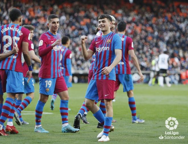 Pedri celebra su gol al Valencia (Foto: LaLiga).