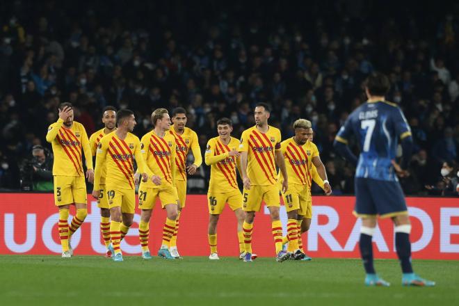 Los jugadores del Barça celebran uno de los goles logrados en su última visita a Nápoles (Foto: Cordon Press).