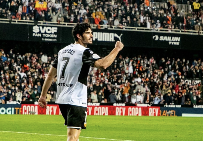 Guedes celebra su gol ante el Athletic en las semis de Copa (Foto: Valencia CF).