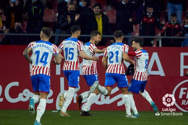 Celebración del Girona tras un gol al Oviedo (Foto: LaLiga).