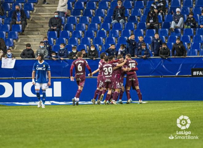 Los jugadores del Sanse celebran el gol marcado al Oviedo (Foto: LaLiga).