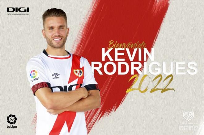 Kevin Rodrigues, en su anuncio como nuevo jugador del Rayo Vallecano.