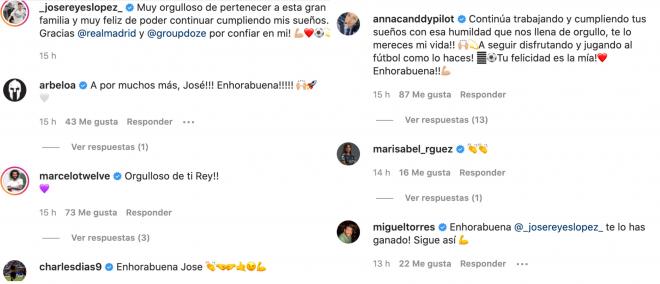 Algunos de los comentarios a José Reyes en Instagram tras firmar su nuevo contrato con el Real Madrid.