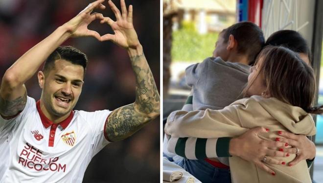 Vitolo celebrando un gol con el Sevilla y sus hijos