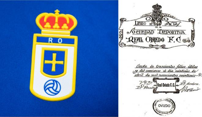 Montaje del escudo del Real Oviedo y un escrito de su fundación.