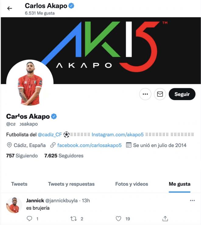 Captura del perfil oficial de Carlos Akapo en Twitter.