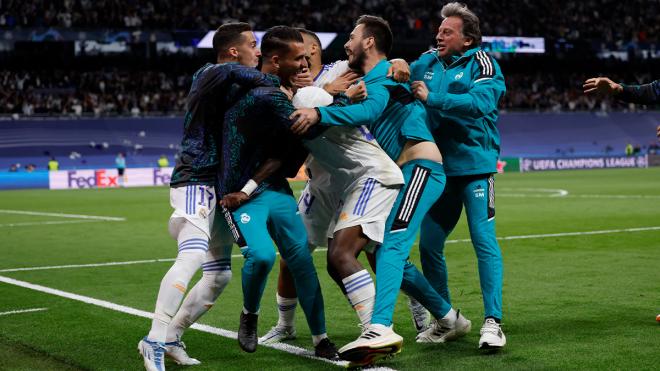 Rodrygo celebrando con sus compañeros el 2-1 frente al Manchester City (Foto: RM)