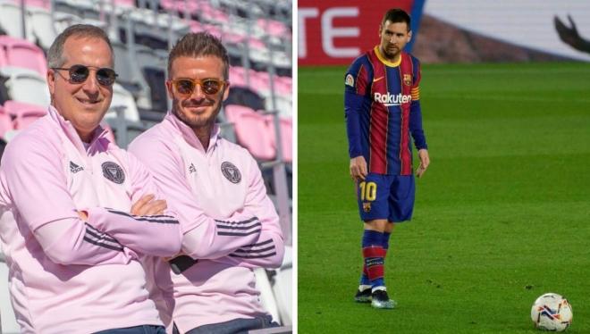 A la izquierda, Jorge Mas con David Beckham; a la derecha, Leo Messi en el Barcelona.