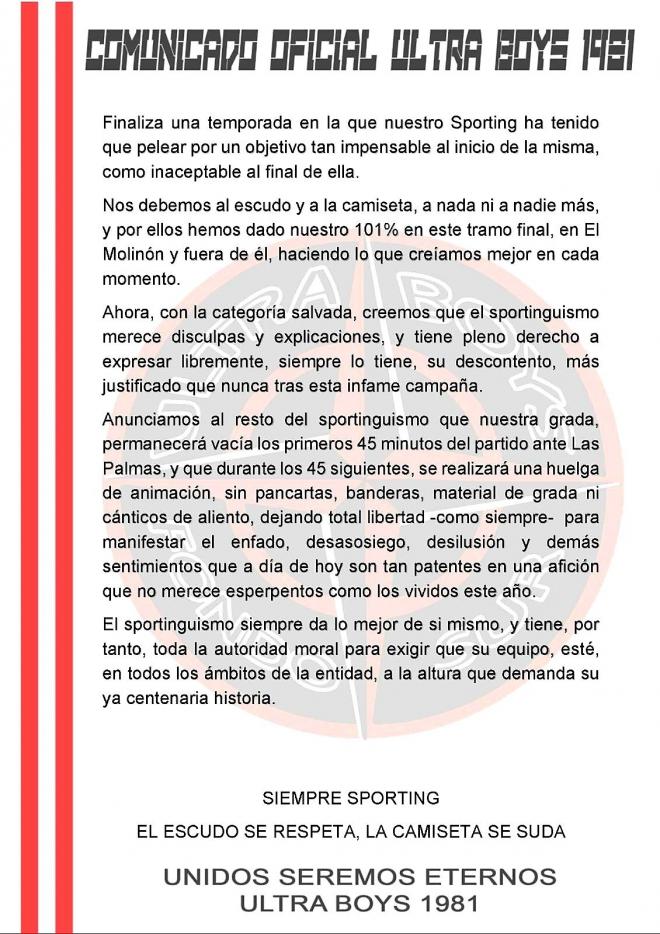 Comunicado de Ultra Boys para convocar la manifestación en el Sporting-Las Palmas