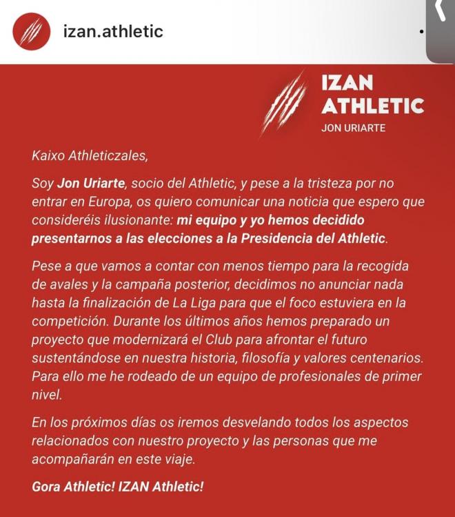 El primer texto de Jon Uriarte, que concurre a las elecciones del Athletic Club.