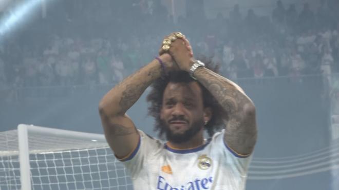 Marcelo durante la celebración de la Champions en el Bernabéu
