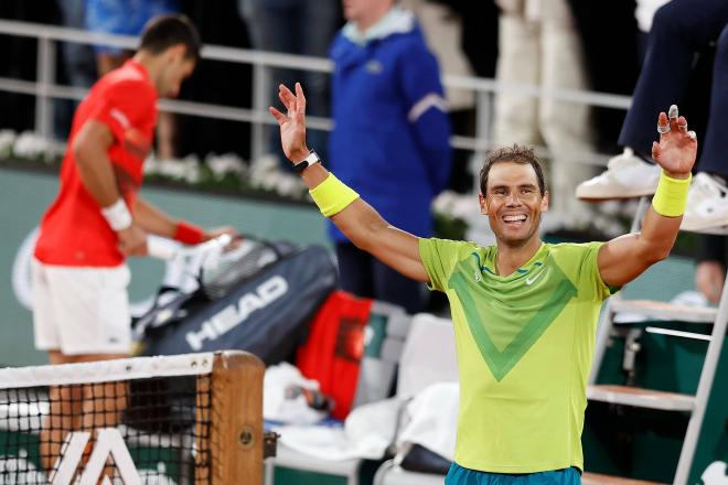 Rafa Nadal, tras ganar a Novak Djokovic en Roland Garros 2022 (Foto: Cordon Press).