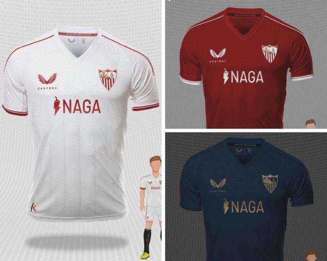 Diseños de las camisetas del Sevilla FC con Castore, la firma inglesa que va a vestir al Athletic Club desde la temporada 2023-24.