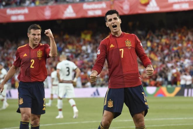 Álvaro Morata celebra su gol en el España-Portugal (Foto: Kiko Hurtado).