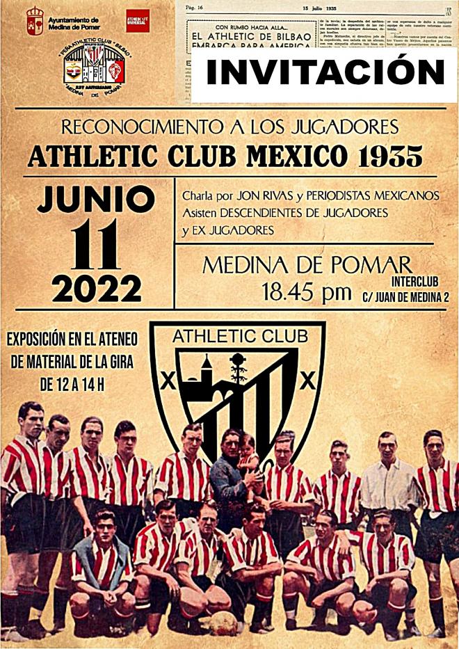 Cartel del acto a realizar en Medina de Pomar con motivo del recuerdo de la gira del Athletic Club por México en el lejano 1935.