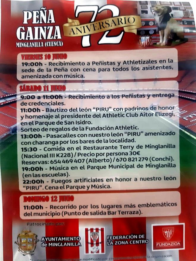 Calendario de actos de la Peña Gainza del Athletic Club en Minglanilla (Cuenca) en junio de 2022.