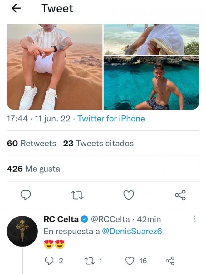 Captura del tuit del Celta en respuesta a Denis Suárez que borró posteriormente.