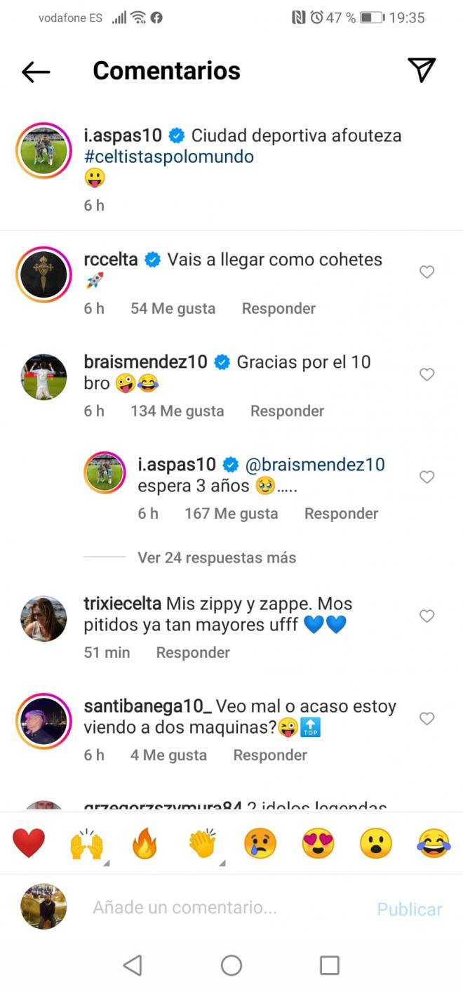 La conversación entre Iago Aspas y Brais Méndez en Instagram.