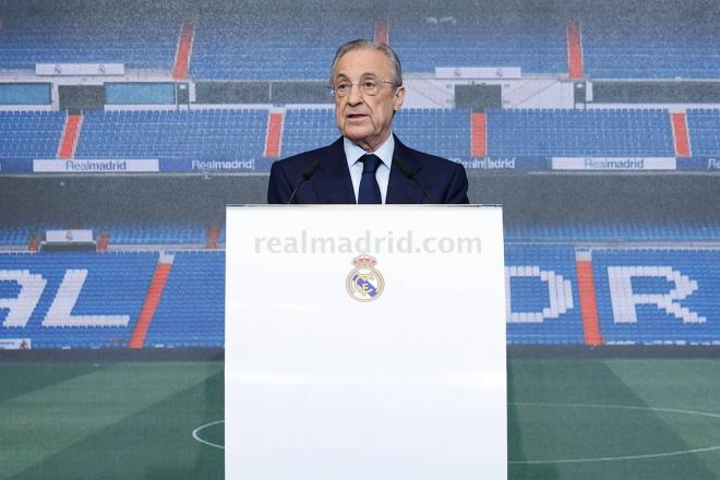 Florentino Pérez, durante la presentación de Rüdiger con el Real Madrid (Foto: RM).