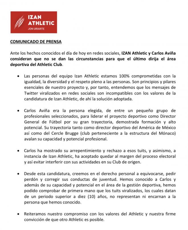 El comunicado de IZAN Athletic, de Jon Uriarte, sobre los tuits de Carlos Aviña.