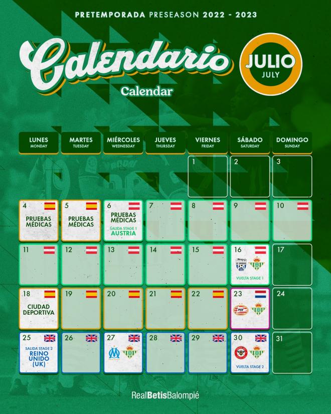 El planning del Real Betis en el mes de julio (Imagen: RBB).
