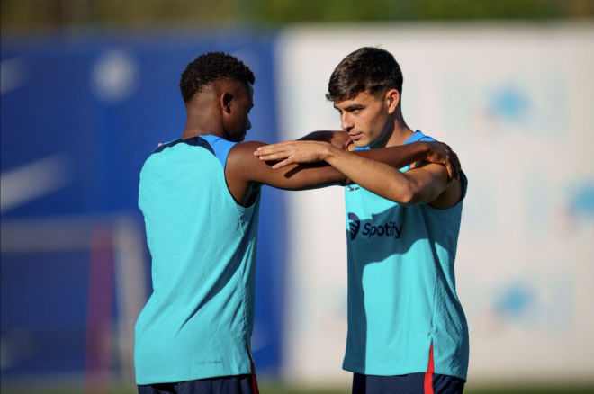 Ansu Fati y Pedri, durante un entrenamiento del Barcelona (Foto: FCB).