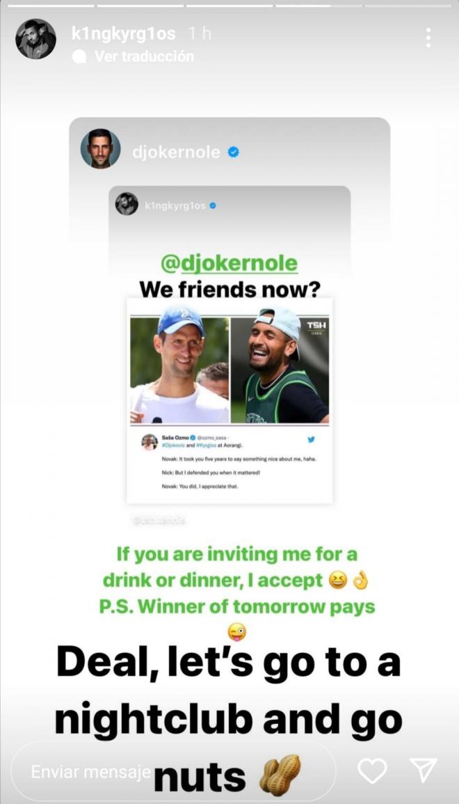 Los mensajes entre Nick Kyrgios y Novak Djokovic.