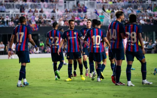 Los jugadores del Barça celebran un gol de Ansu Fati (Fuente: FCB)