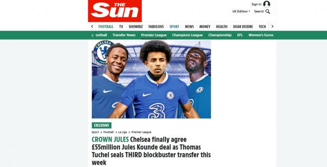 'The Sun' viste a Koundé con los colores del Chelsea.