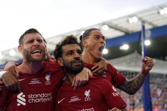 Milner, Salah y Darwin Núñez celebran un gol del Liverpool (Foto: Cordon Press).