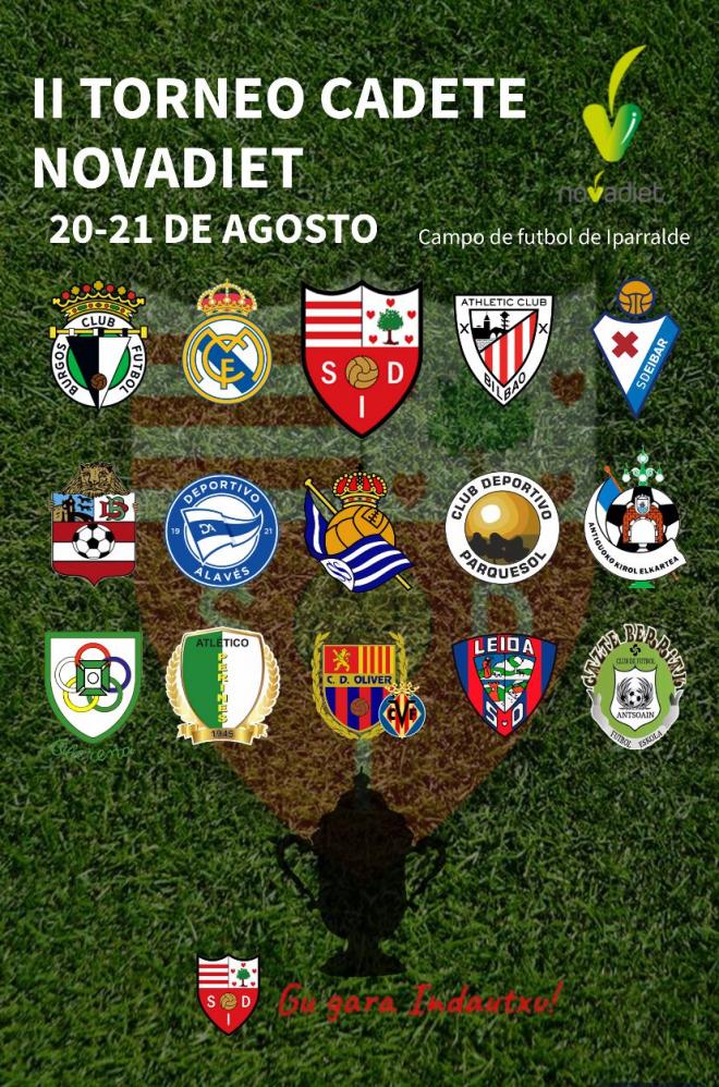 Cartel del II Torneo Cadete Novadiet que organiza en Bilbao la SD Indautxu el 20-21 de agosto con equipos como el Athletic Club o el Real Madrid.