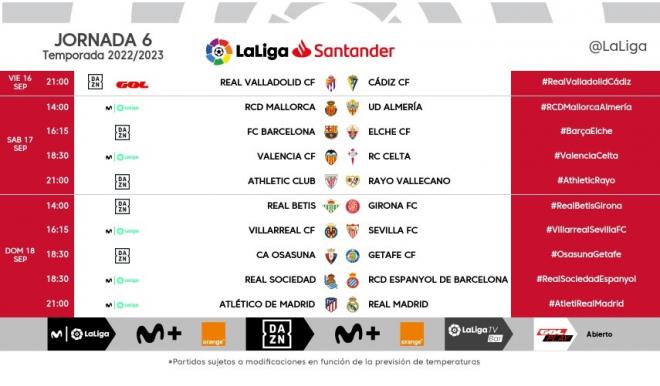 Fechas, horarios y televisiones de la jornada 6 de LaLiga Santander.