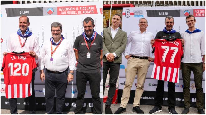 Jon Uriarte hace entrega de camisetas del Athletic a los directores de La Vuelta y Le Tour. (Foto: