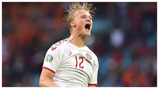 Dolberg celebra un gol con Dinamarca (Efe).