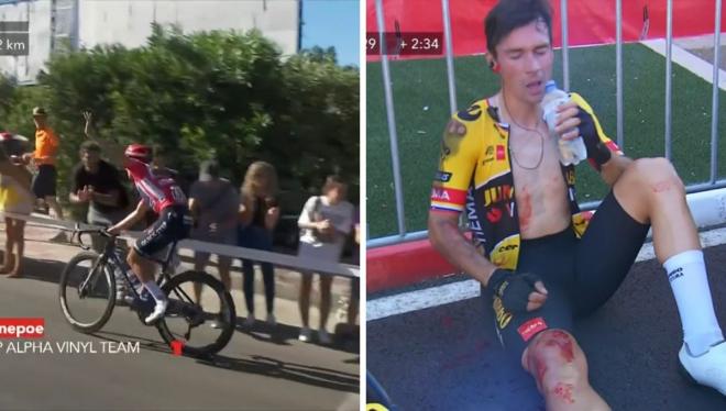 Pinchazo de Evenepoel y caída de Primoz Roglic.