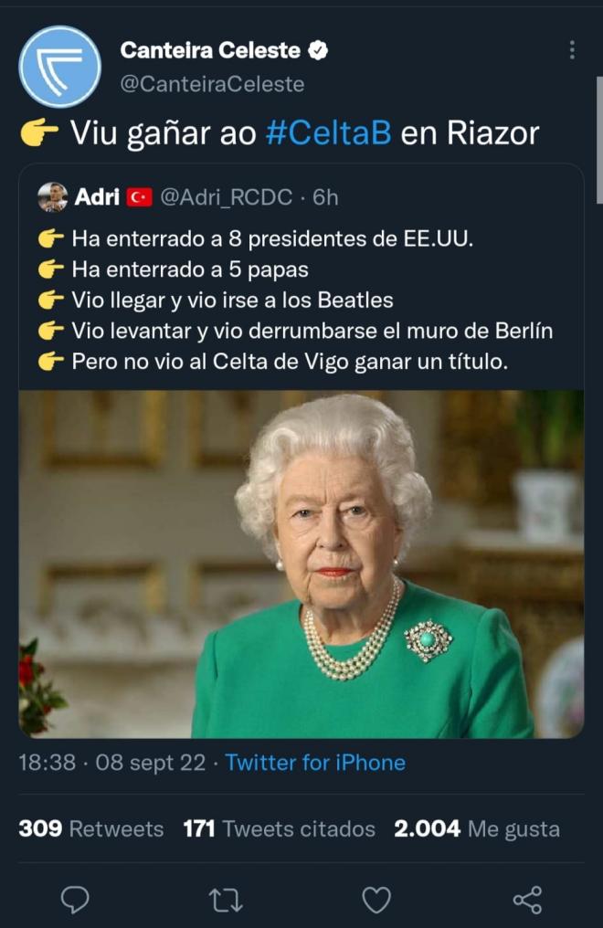 El tuit sobre Isabel II que provocó la reacción de una cuenta oficial del Celta