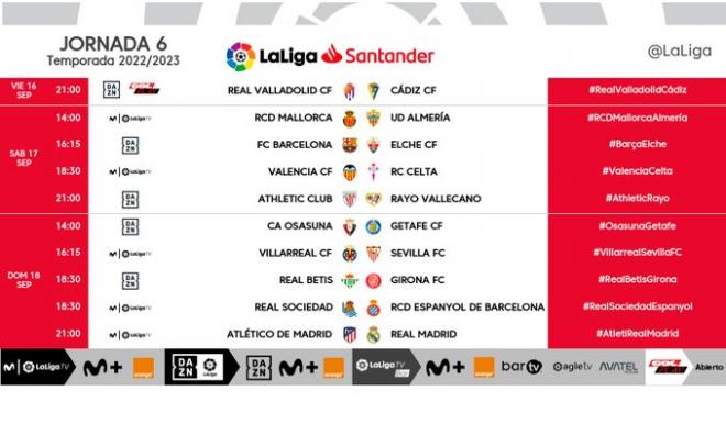 Tabla de horarios de la jornada 6.