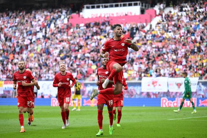 Dominick Szoboszlai celebra un gol ante el Dortmund (Foto: RB Leipzig)