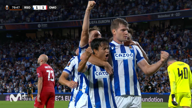 La Real celebra un gol de Sorloth en la Europa League la pasada temporada.