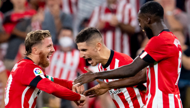 El Athletic lanzado: celebración del gol de Oihan Sancet ante el Rayo de Iraola (Foto: LaLiga).