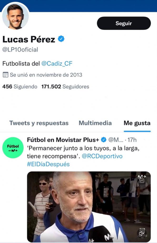 Captura de pantalla del perfil oficial de Lucas Pérez en Twitter