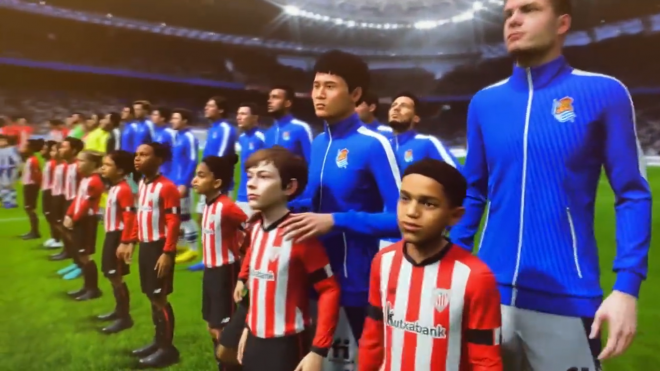 Imagen de uno de los momentos del himno de la Real Sociedad en el FIFA 23.