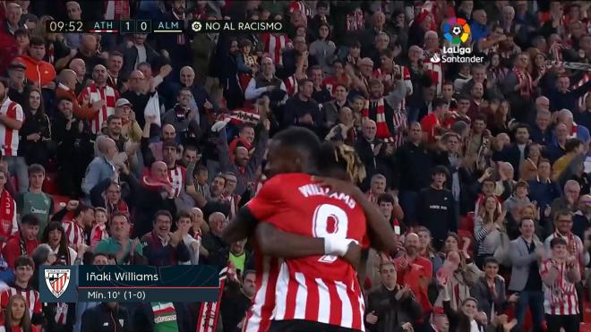 Athletic Club 1-0 UD Almería en San Mamés: Gol de Iñaki Williams al que abraza su hermano Nico Williams (Foto: LaLiga).