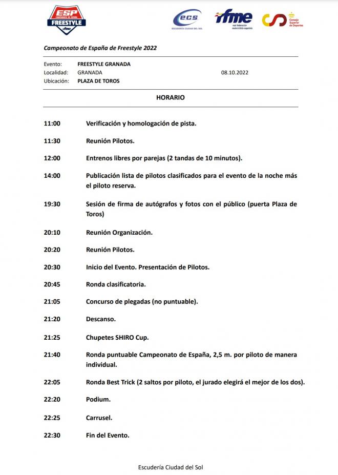 horarios del campeonato de España de freestyle este sábado 8 de octubre.
