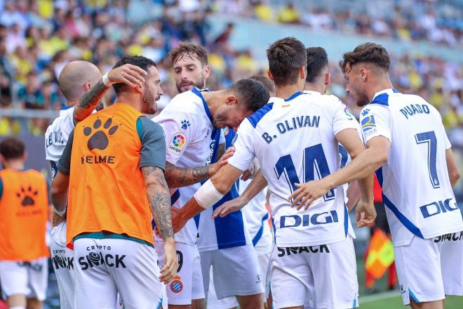 Los jugadores del Espanyol celebran el gol de Joselu ante el Cádiz (Foto: Cristo García).
