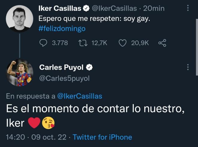 Tuit de Iker Casillas y la respuesta de Puyol.