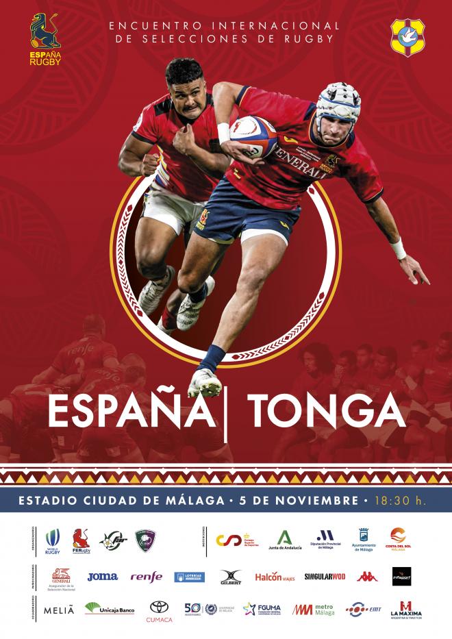 Cartel del España-Tonga de rugby en Málaga.